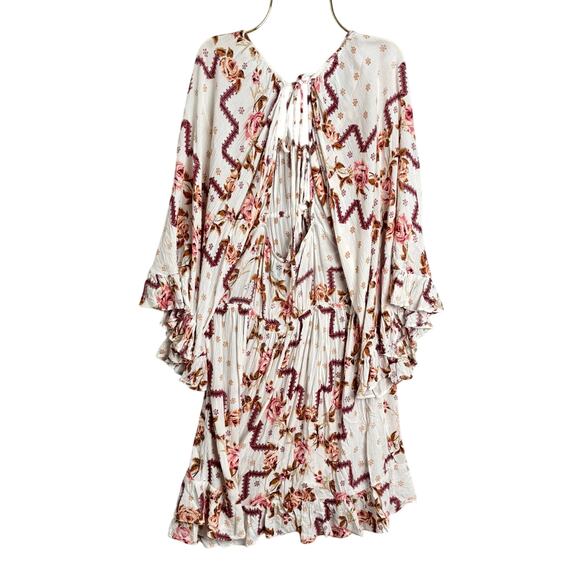 ASOS Boho Floral Open-Back Ruffle Mini Dress 70s Flared Ruffle Sleeves Size 12 - Picture 5 of 9